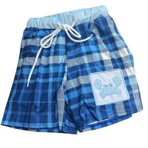 Abby & Evie Blue Plaid Boys Swim Trunks with Crab Embroidered Patch NWT size 4